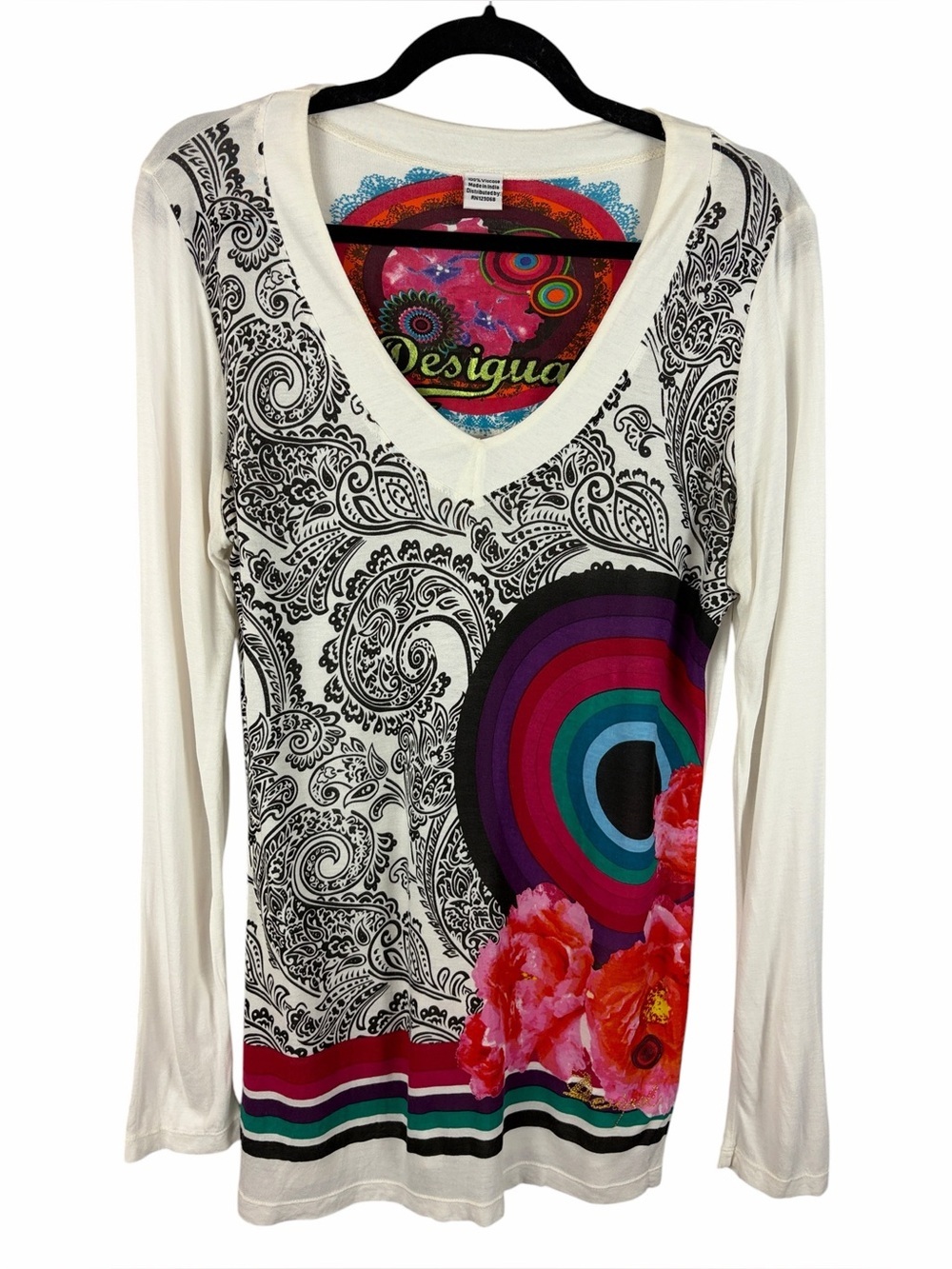 Desigual Paisley Floral Graphic V-Neck Long Sleeve Top Size Large 100% Viscose